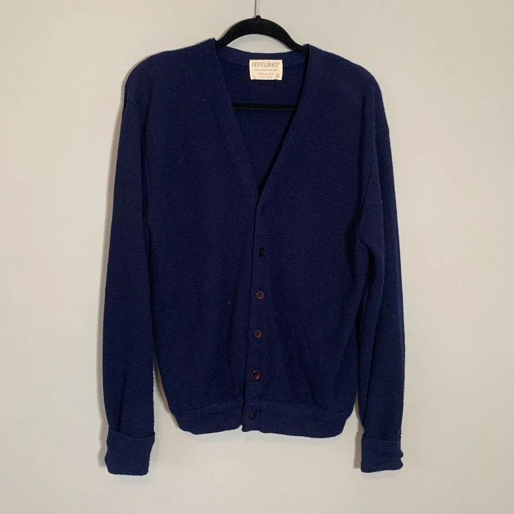 Vintage‎ Lord Jeff Jefflinks Navy Blue Button Cardigan Sweater Made in USA